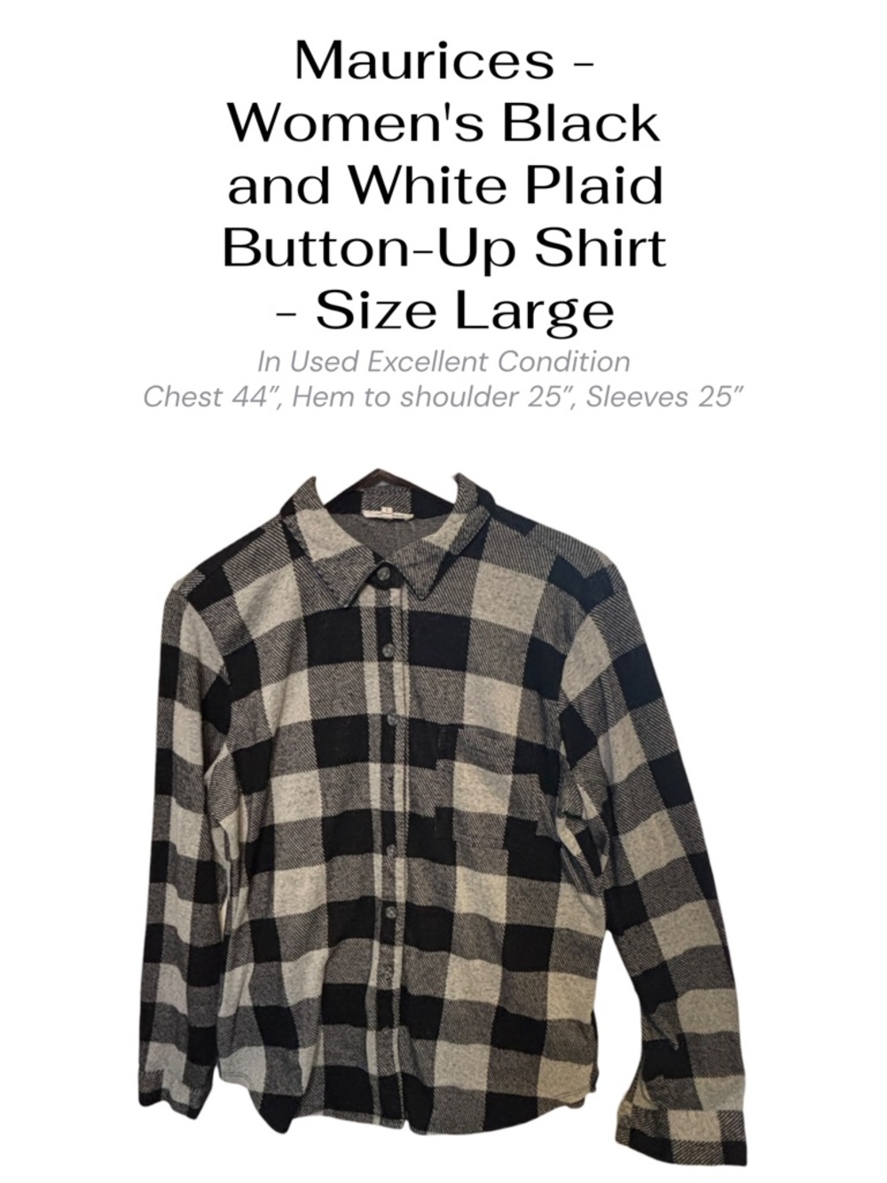 Maurices Black White Plaid Button Up Shirt Long Sleeve Size Large